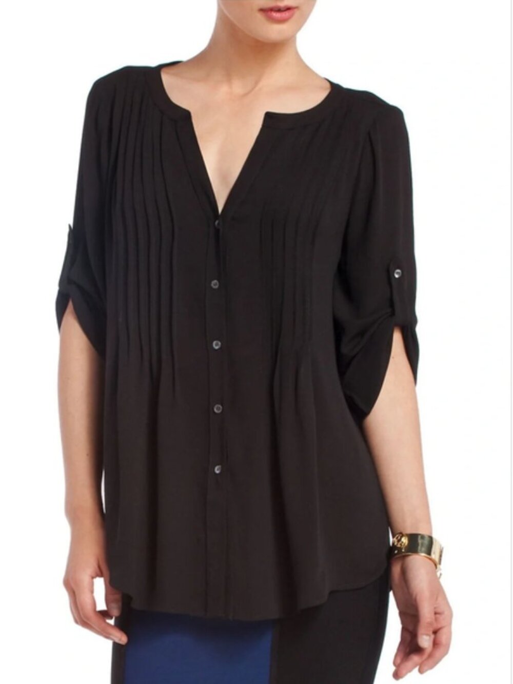 MaxAzria Black Button-Front Roll-Sleeve Blouse, S